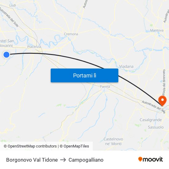 Borgonovo Val Tidone to Campogalliano map