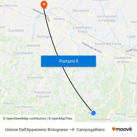 Unione Dell'Appennino Bolognese to Campogalliano map