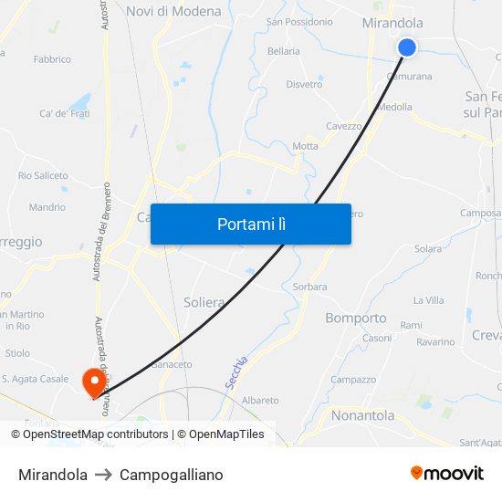Mirandola to Campogalliano map