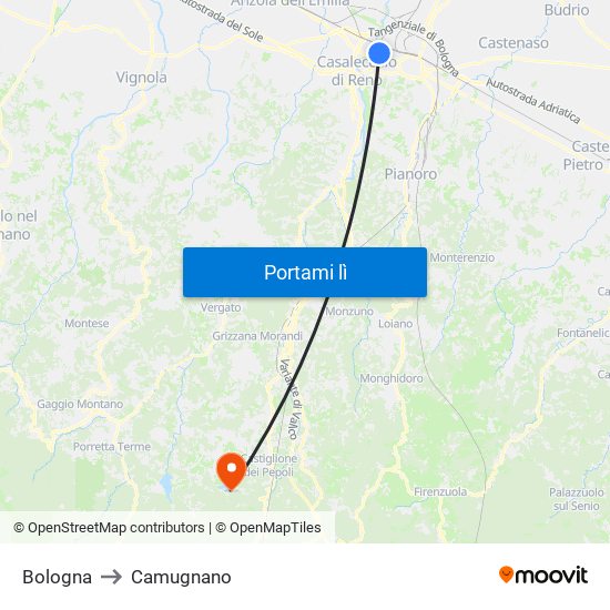 Bologna to Camugnano map