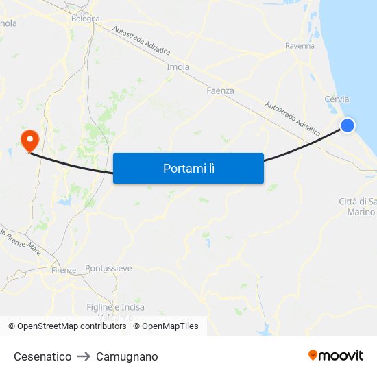 Cesenatico to Camugnano map