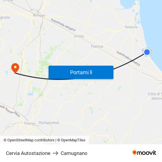 Cervia Autostazione to Camugnano map