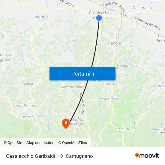 Casalecchio Garibaldi to Camugnano map