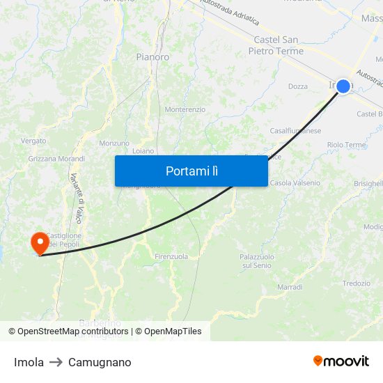 Imola to Camugnano map