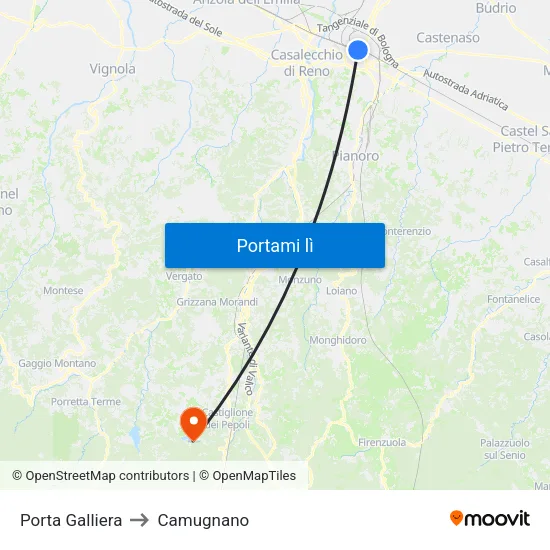 Porta Galliera to Camugnano map