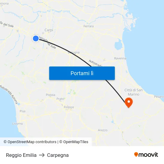 Reggio Emilia to Carpegna map