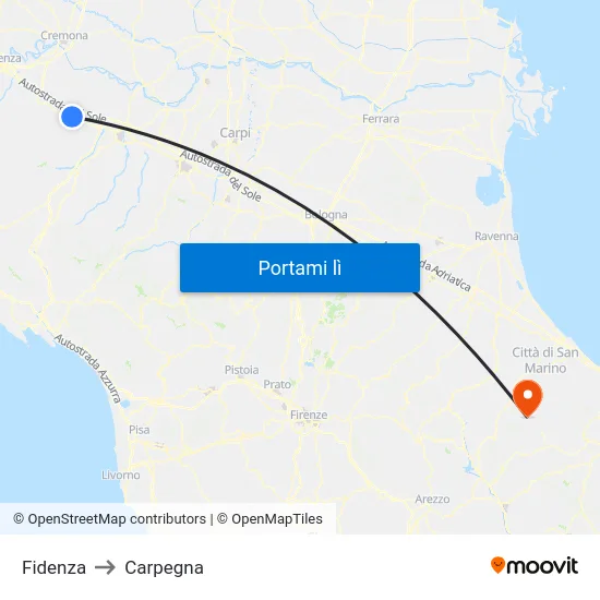 Fidenza to Carpegna map