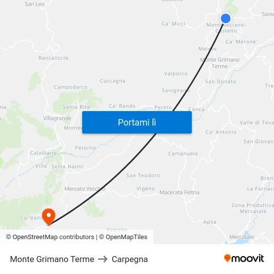 Monte Grimano Terme to Carpegna map
