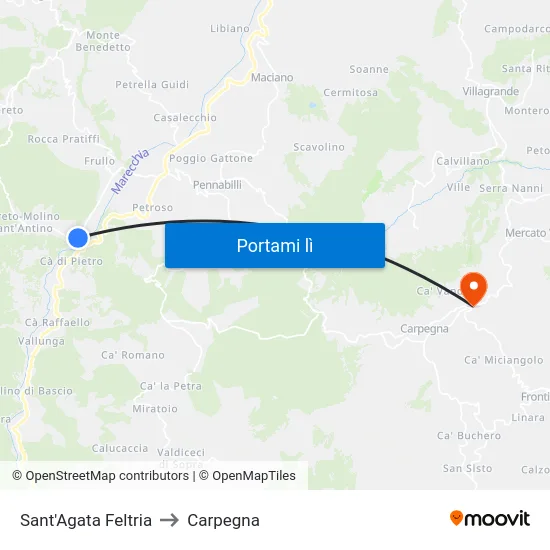 Sant'Agata Feltria to Carpegna map