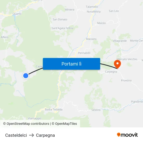 Casteldelci to Carpegna map