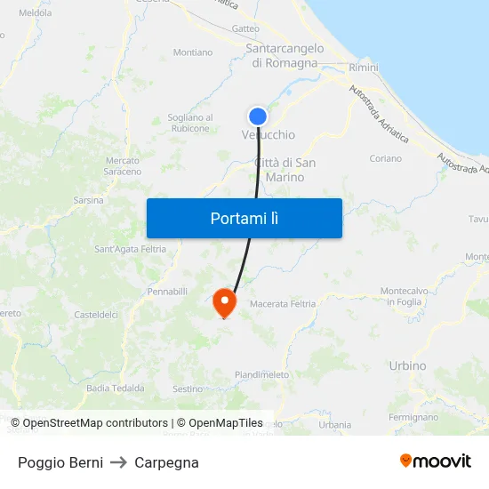 Poggio Berni to Carpegna map