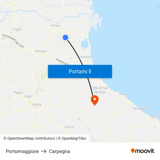 Portomaggiore to Carpegna map