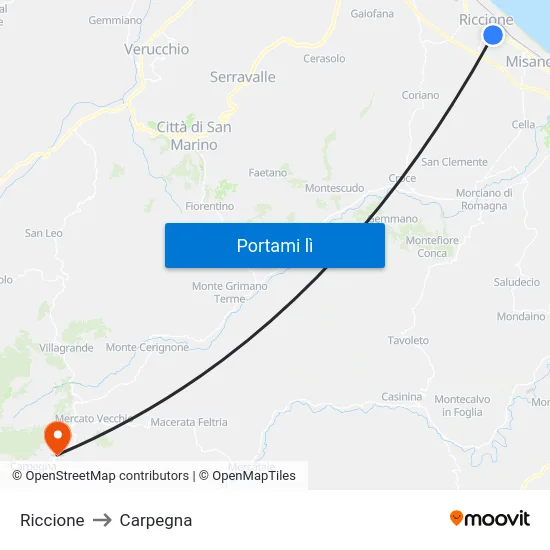 Riccione to Carpegna map