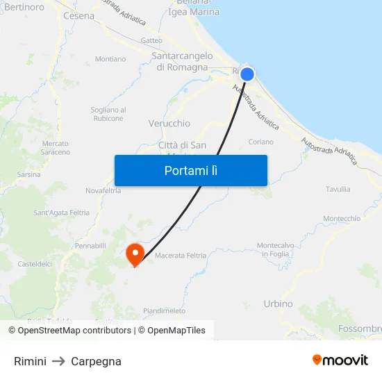Rimini to Carpegna map