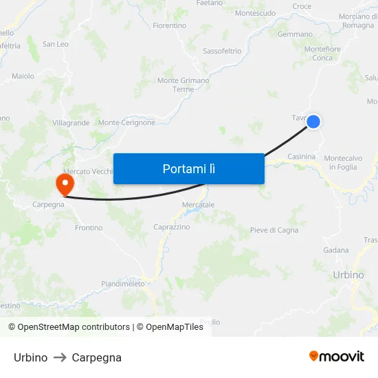 Urbino to Carpegna map