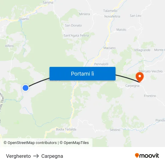 Verghereto to Carpegna map