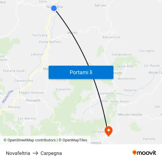 Novafeltria to Carpegna map