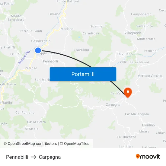 Pennabilli to Carpegna map