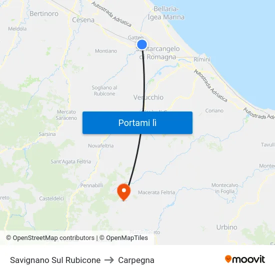 Savignano Sul Rubicone to Carpegna map