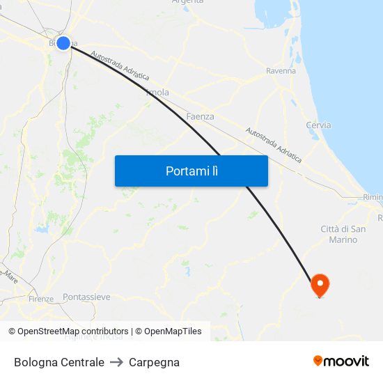 Bologna Centrale to Carpegna map