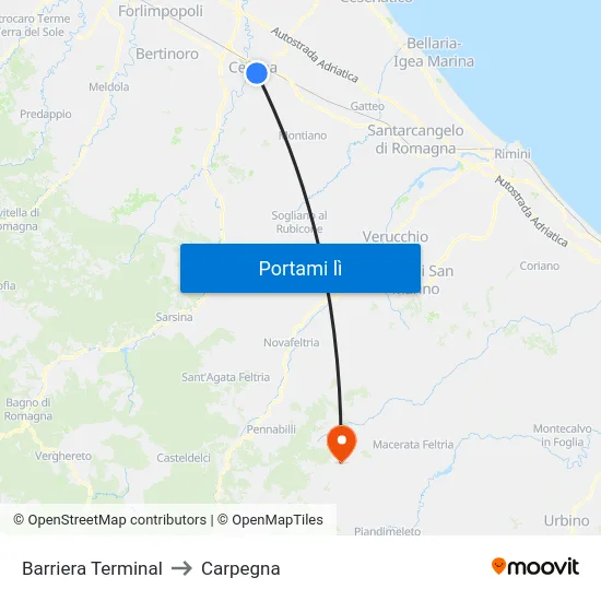 Barriera Terminal to Carpegna map