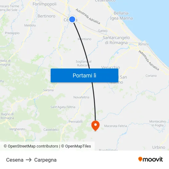 Cesena to Carpegna map