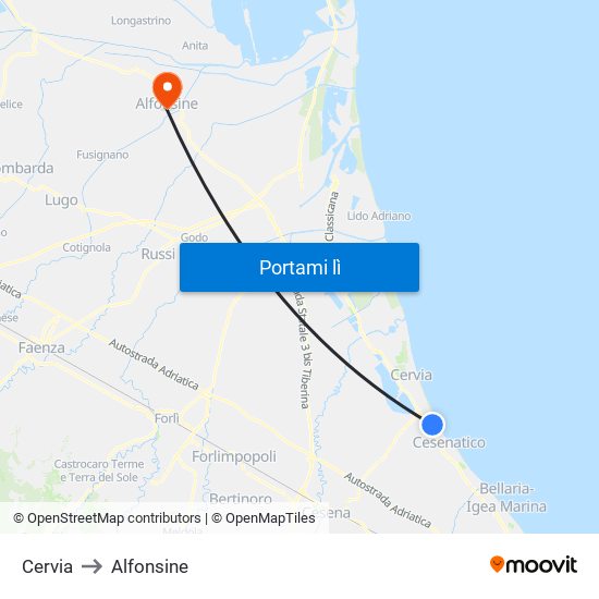 Cervia to Alfonsine map