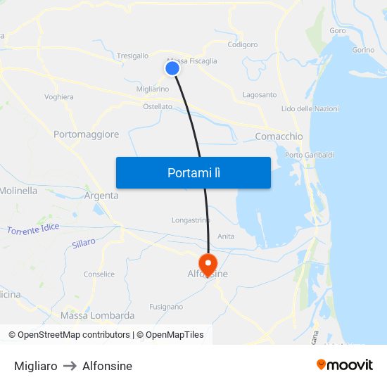 Migliaro to Alfonsine map