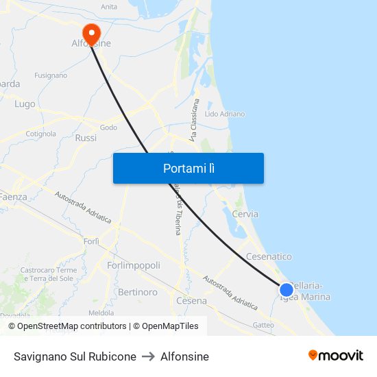 Savignano Sul Rubicone to Alfonsine map