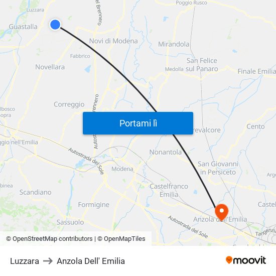 Luzzara to Anzola Dell' Emilia map