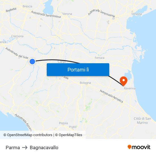 Parma to Bagnacavallo map