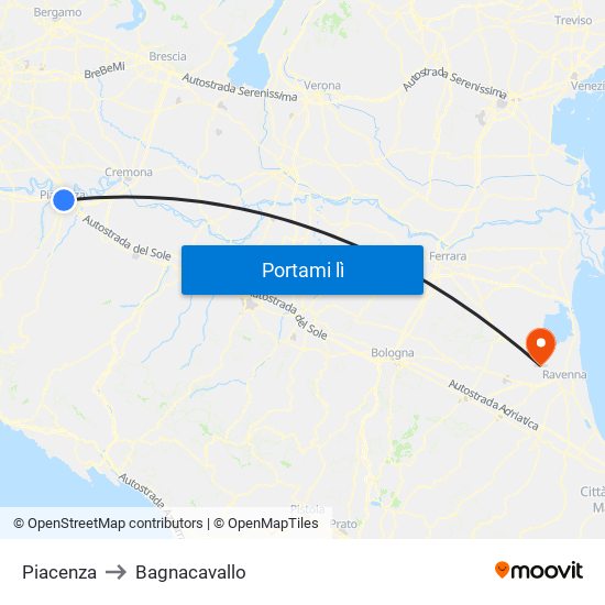 Piacenza to Bagnacavallo map