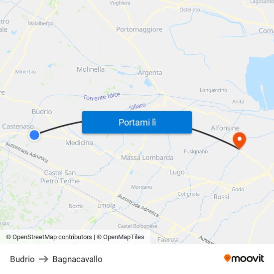 Budrio to Bagnacavallo map