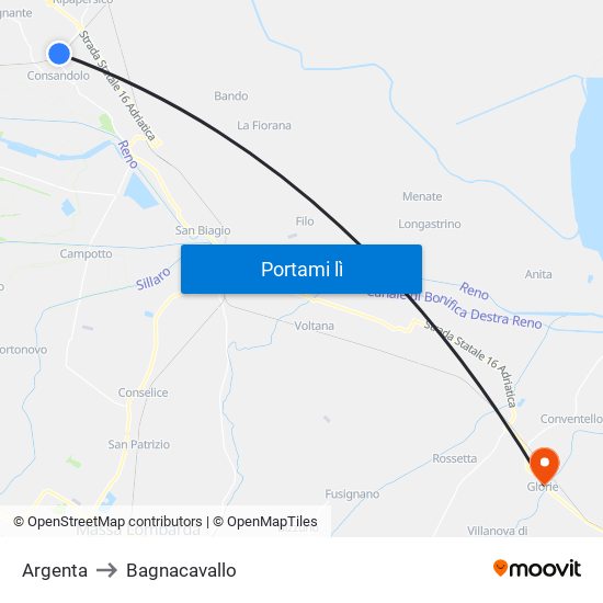 Argenta to Bagnacavallo map