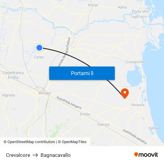 Crevalcore to Bagnacavallo map