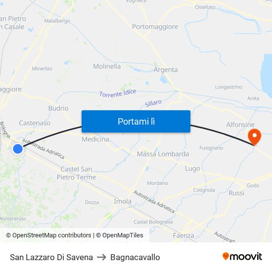 San Lazzaro Di Savena to Bagnacavallo map