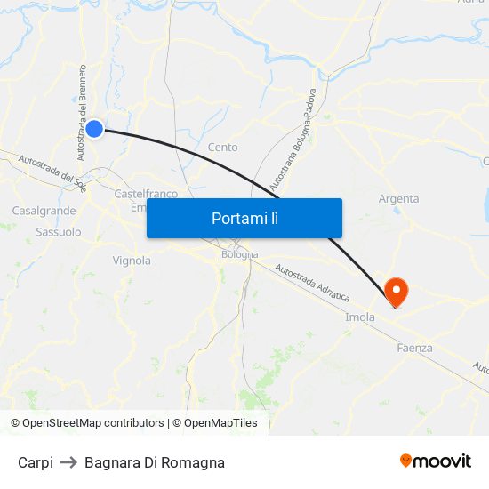 Carpi to Bagnara Di Romagna map