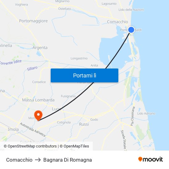 Comacchio to Bagnara Di Romagna map