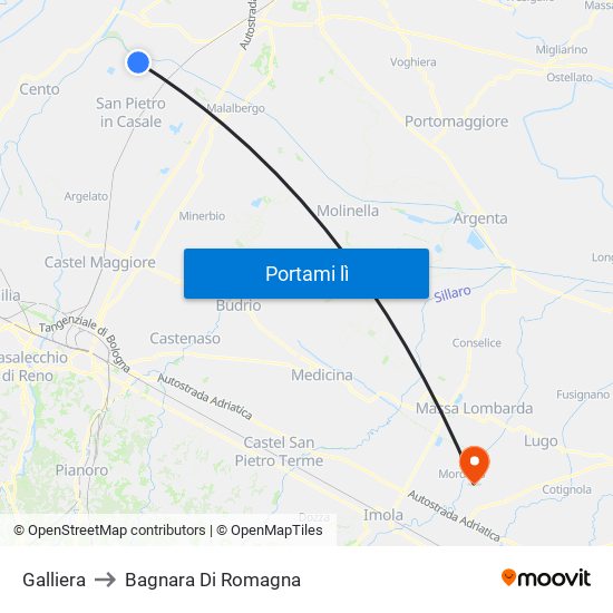 Galliera to Bagnara Di Romagna map