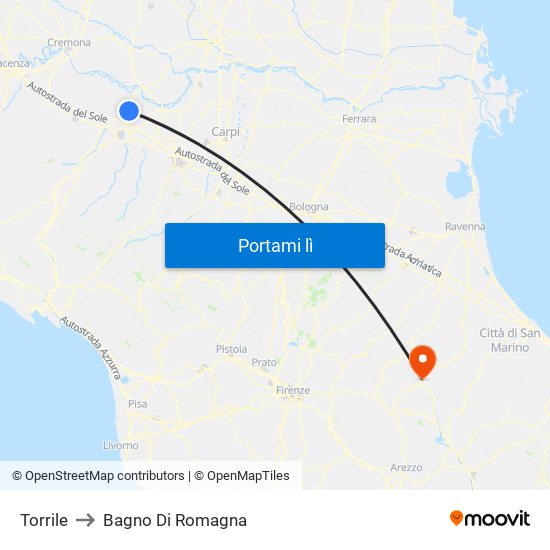 Torrile to Bagno Di Romagna map