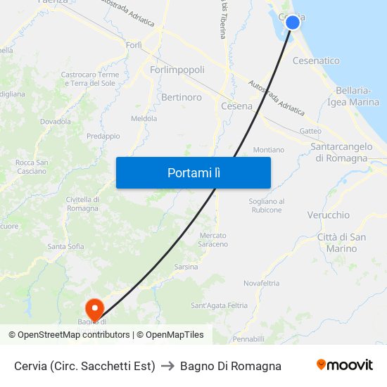 Cervia (Circ. Sacchetti Est) to Bagno Di Romagna map