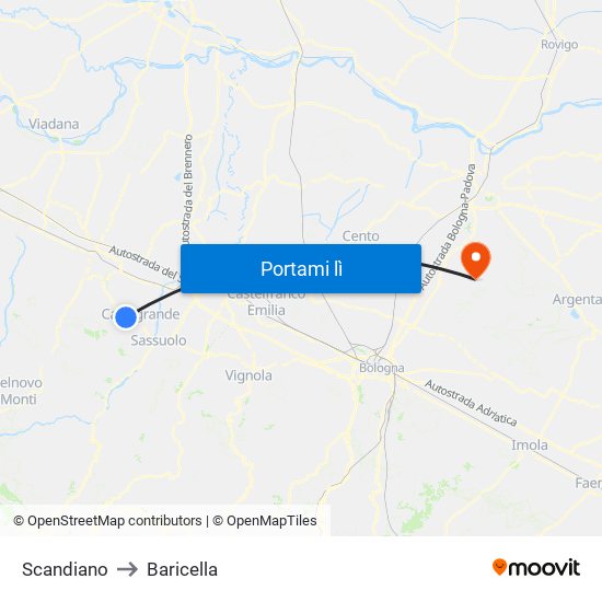 Scandiano to Baricella map