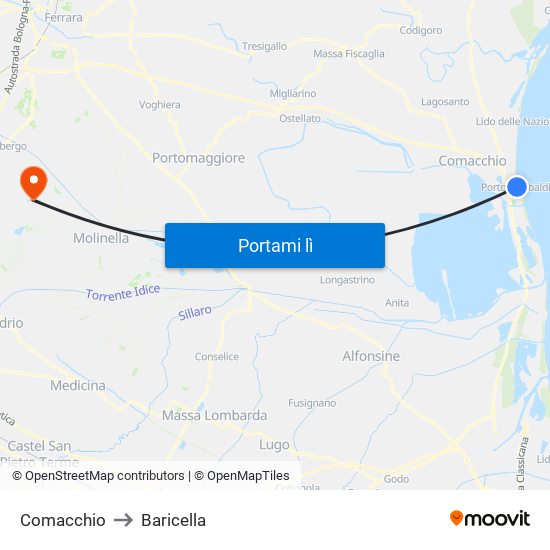 Comacchio to Baricella map