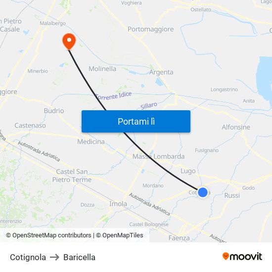 Cotignola to Baricella map