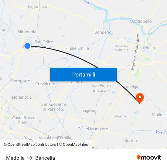 Medolla to Baricella map