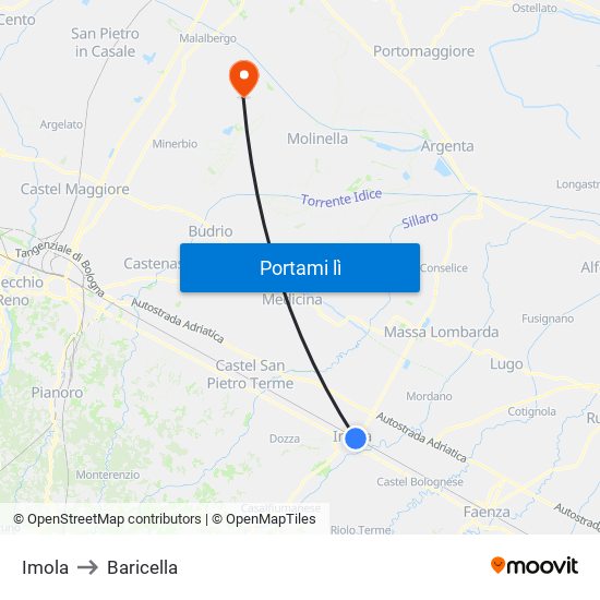 Imola to Baricella map