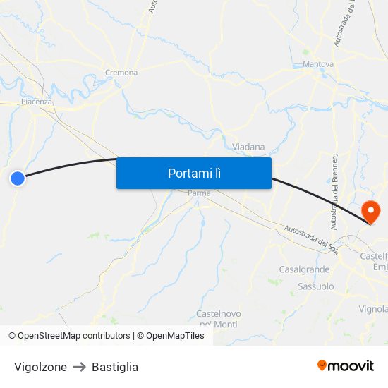 Vigolzone to Bastiglia map