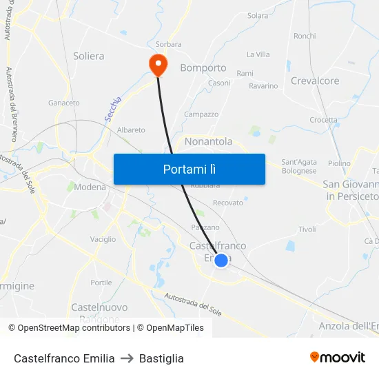Castelfranco Emilia to Bastiglia map