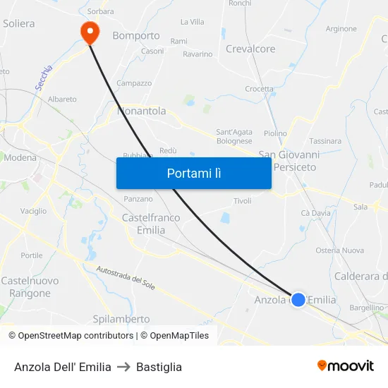 Anzola Dell' Emilia to Bastiglia map