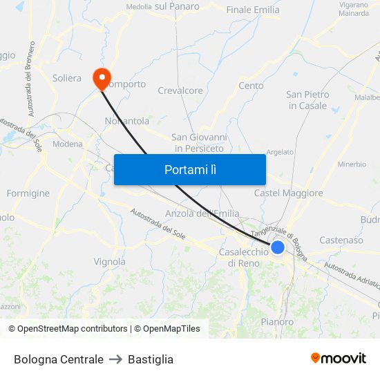 Bologna Centrale to Bastiglia map